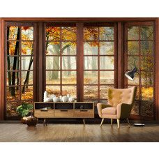 Eine Fototapete mit einer bewaldeten Herbstlandschaft, ideal für ein Wohnzimmer.