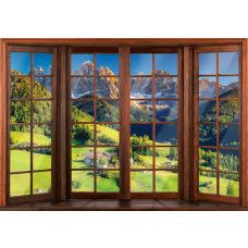 Fototapete einer 3D-Fensteransicht der Alpen, mit weitem Blick auf Berge und Landschaft.