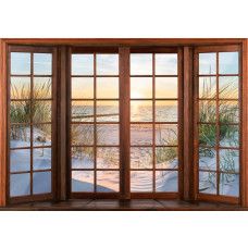 Fototapete einer 3D-Fensteransicht der Dünen, des Strandes und des Meeres, mit einer schönen Küstenlandschaft.