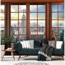 Fototapete mit 3D-Fensteransicht der New Yorker Skyline in einem stilvollen Wohnzimmer.
