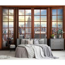 Fototapete mit 3D-Fensteransicht der New Yorker Skyline in einem modernen Schlafzimmer.