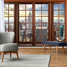 Fototapete mit 3D-Fensteransicht der New Yorker Skyline im Vliestapetenstil für ein Wohnzimmer.