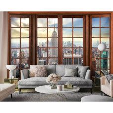 Fototapete mit 3D-Fensteransicht der New Yorker Skyline in einem modernen Wohnzimmer.