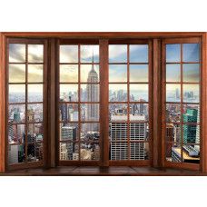Fototapete mit 3D-Fensteransicht der New Yorker Skyline, mit Wolkenkratzern und der Stadt...