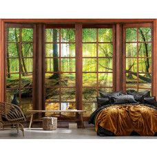Eine Fototapete mit 3D-Fensteransicht einer sonnigen Waldlandschaft in einem beruhigenden Schlafzimmer.