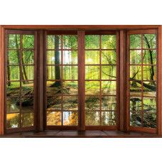 Fototapete mit 3D-Fensteransicht einer sonnigen Waldlandschaft, mit Bäumen und einem warmen Licht.