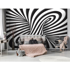 Eine Fototapete mit einem dynamischen abstrakten Design eines Tornados in Schwarz-Weiß.