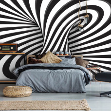 Eine Fototapete mit einem abstrakten 3D-Tornado in Schwarz-Weiß, perfekt für das Schlafzimmer.
