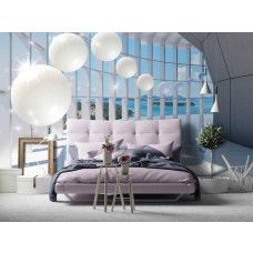 Eine Fototapete mit einem 3D-Tunnel mit Blick aufs Meer und glitzernden Kugeln für das Schlafzimmer.