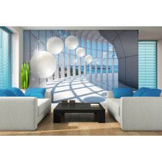 Eine Fototapete mit einem 3D-Tunnel mit Blick aufs Meer und glitzernden Kugeln für das Wohnzimmer.