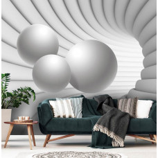 Eine Fototapete mit einem 3D-Tunnel aus weißen Kugeln in einer Wohnzimmerumgebung.
