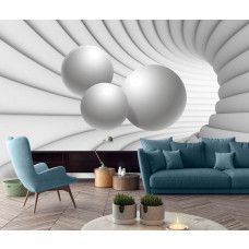 Eine Fototapete mit einem abstrakten 3D-Tunnel mit weißen Kugeln in einer dynamischen Komposition.