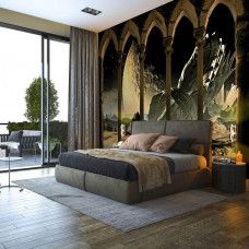 Eine Fototapete mit einer 3D-Raumansicht mit Säulen, gedruckt auf Vliestapete, ideal für ein Schlafzimmer.