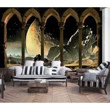 Eine Fototapete mit einer 3D Raumansicht mit Säulen und Pfeilern, gedruckt auf Vliestapete, ideal für ein Wohnzimmer.