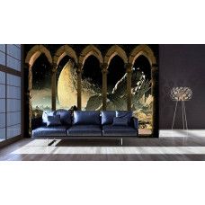 Eine Fototapete mit einer 3D Raumansicht mit Pfeilern, geeignet für ein Wohnzimmer.