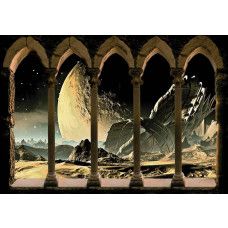 Eine Fototapete mit einer 3D-Raumansicht mit Säulen und Pfeilern, in einem futuristischen Stil.