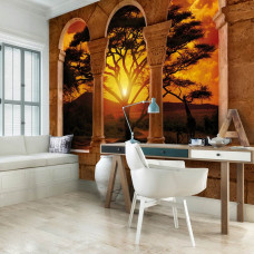 Eine Fototapete mit einer 3D-Ansicht einer afrikanischen Landschaft, geeignet für ein Büro.