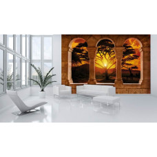 Eine Fototapete mit einer afrikanischen Landschaft und Säulen, gedruckt auf Vliestapete, ideal für ein Wohnzimmer.