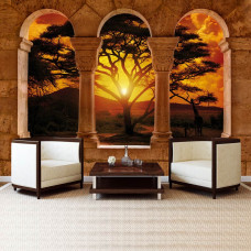 Eine Fototapete mit einer 3D-Ansicht einer afrikanischen Landschaft mit Säulen, ideal für ein Wohnzimmer.