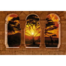 Fototapete mit einer 3D-Ansicht einer afrikanischen Landschaft mit Säulen, in einer exotischen Atmosphäre.