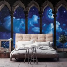 Eine Fototapete mit Mond und Sternen im Weltraumdesign, passend für ein Kinderzimmer und Schlafzimmer.