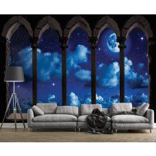 Eine Fototapete mit Mond und Sternen im 3D-Design mit Säulen, perfekt für ein Kinderzimmer und Wohnzimmer.