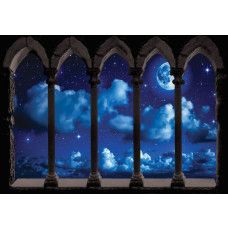 Eine Fototapete mit einem 3D-Design von Mond und Sternen mit Säulen, gedruckt auf Vliestapete, ideal für ein Wohnzimmer.