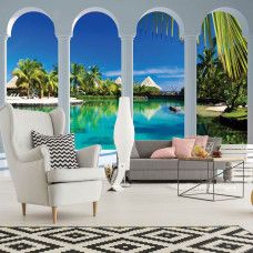 Eine Fototapete mit den Malediven und Säulen im 3D-Design, perfekt für ein Wohnzimmer.