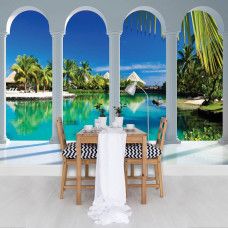 Eine Fototapete mit einer 3D-Ansicht der Malediven mit Säulen, ideal für eine Küche.