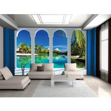 Eine Fototapete mit einer tropischen Landschaft auf den Malediven mit Säulen, gedruckt auf Vliestapete.