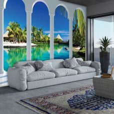 Eine Fototapete mit einer tropischen Ansicht der Malediven, geeignet für ein Wohnzimmer.