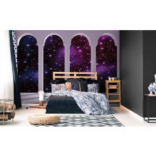 Eine Fototapete mit 3D-Blick auf Sterne und das Universum mit Säulen, ideal für ein Kinderzimmer.