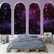 Eine Fototapete mit 3D-Darstellung von Sternen und Säulen, perfekt für ein Schlafzimmer.