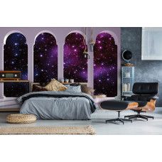 Eine Fototapete mit einem Sternenhimmel und Säulen im 3D-Design, geeignet für ein Teenagerzimmer.