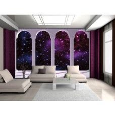 Eine Fototapete mit einem Universum mit Sternen und Säulen, passend für ein Wohnzimmer.