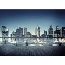 Fototapete von der 3D-Aussicht auf Wolkenkratzer in einer beleuchteten Stadt.