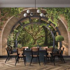 Eine Fototapete mit einem fantasievollen Baum in einem Traumwald, passend für eine Küche.