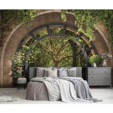 Eine Fototapete mit einem Traumwald, bedruckt auf Vliesbehang, ideal für ein Schlafzimmer.