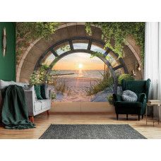 Eine Fototapete mit Dünen und einem Meer bei Sonnenuntergang, perfekt für eine Küche.