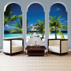 Eine Fototapete mit tropischen Stränden und Palmen in einem 3D-Design, geeignet für ein Büro.