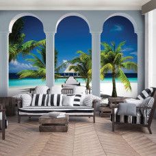 Eine Fototapete mit Hawaii mit Säulen und einer tropischen Landschaft, perfekt für ein Wohnzimmer.