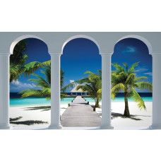 Fototapete einer 3D-Ansicht von Hawaii mit Säulen, Palmen und Strand.