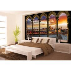 Eine Fototapete mit Istanbul mit Säulen in einem 3D-Design, geeignet für ein Schlafzimmer.