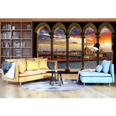 Eine Fototapete mit einer 3D-Ansicht von Istanbul mit Säulen und Pfeilern, perfekt für ein Wohnzimmer.