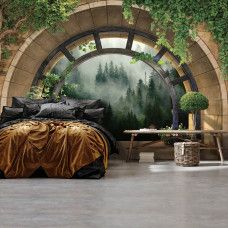 Eine Fototapete mit einer tropischen Strandlandschaft bei Sonnenuntergang, geeignet für eine Küche.