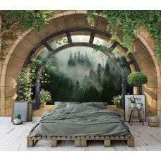 Eine Fototapete mit 3D-Darstellung eines Sonnenuntergangs über dem Meer und den Dünen, geeignet für ein Schlafzimmer.