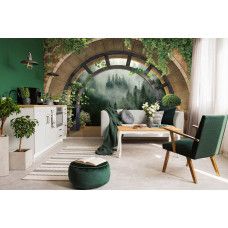 Eine Fototapete mit einer romantischen Strandlandschaft bei Sonnenuntergang, bedruckt auf Vliesbehang, passend für ein Wohnzimmer.