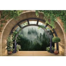 Fototapete von einem 3D-Blick auf einen nebligen Wald, mit einer mysteriösen Ausstrahlung.