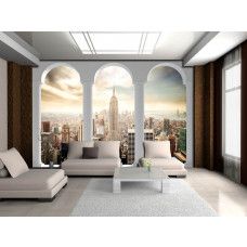 Eine Fototapete mit einer 3D-Ansicht von New York mit Säulen, ideal für einen Geschäftsraum.