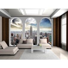 Eine Fototapete mit einer 3D-Ansicht von New York City, perfekt für einen Geschäftsraum.